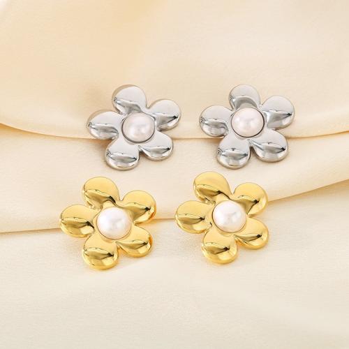 Stainless Steel Stud Earrings, 304 Stainless Steel, with Plastic Pearl, Flower, Vacuum Ion Plating, for woman, more colors for choice, Sold By Pair