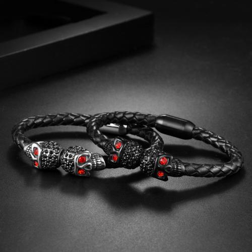 PU Leather Cord Bracelets, Vacuum Ion Plating, for man & with rhinestone, more colors for choice, Sold By PC