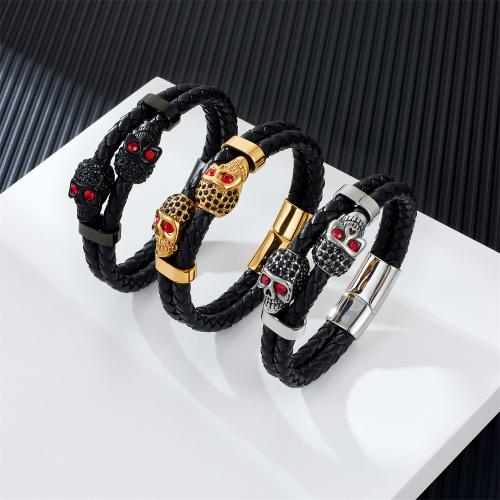 PU Leather Cord Bracelets, Vacuum Ion Plating, for man & with rhinestone, more colors for choice, Sold By PC