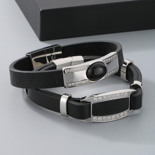 PU Leather Cord Bracelets, Vacuum Ion Plating, for man & with rhinestone, more colors for choice, Sold By PC