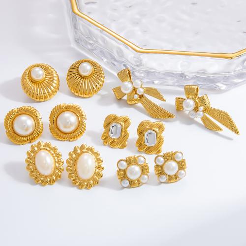 Boucle d'oreille de gaujon en acier inoxydable, Acier inoxydable 304, avec Plastique ABS perle, Placage de couleur d'or, bijoux de mode & modèles différents pour le choix & avec strass, doré, Vendu par paire