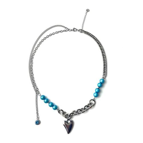 Collar de Acero Titanio, Partículas de acero, con Perlas plásticas & aleación de zinc, Corazón, chapado, micro arcilla de zirconia cúbica & para mujer, plateado, longitud:aproximado 21-50 cm, Vendido por UD