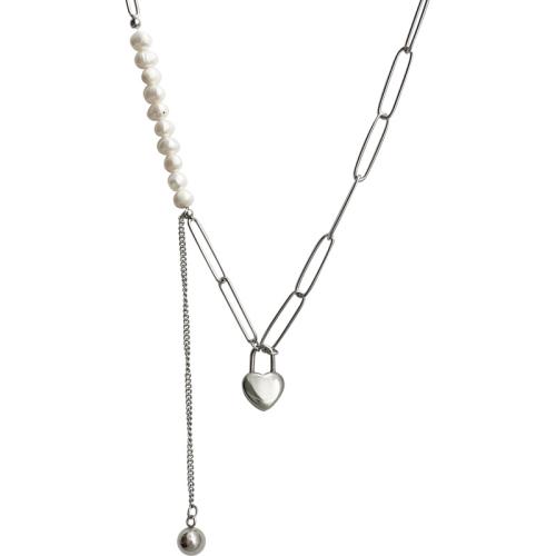 Stainless Steel Jewelry Necklace, 304 Stainless Steel, with Plastic Pearl, polished, for woman, silver color, Length:Approx 21-50 cm, Sold By PC