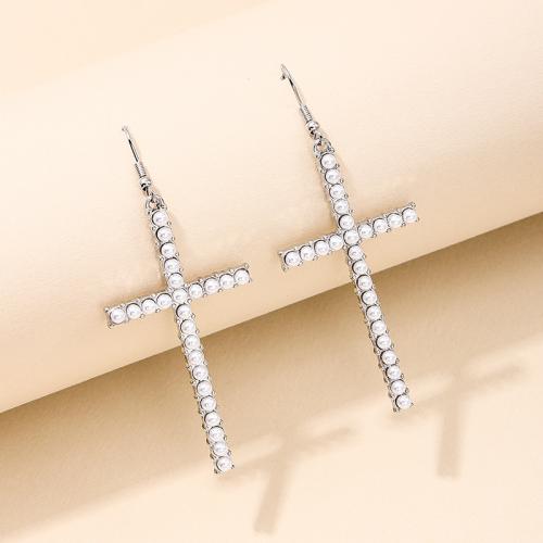 Tibetan Style Drop Earrings, with Plastic Pearl, Cross, plated, for woman, more colors for choice, Sold By Pair