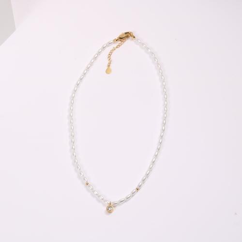 Titanium Steel Necklace, with Plastic Pearl, plated, micro pave cubic zirconia & for woman, golden, Length:Approx 41-50 cm, Sold By PC