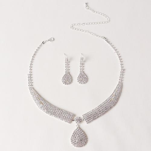 Tibetan Style Jewelry Sets, Stud Earring & necklace, 2 pieces & for woman & with rhinestone, silver color, Sold By Set