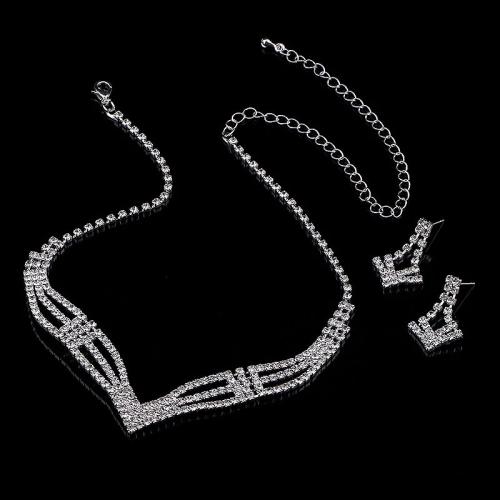 Tibetan Style Jewelry Sets, Stud Earring & necklace, plated, 2 pieces & for woman & with rhinestone, silver color, Sold By Set