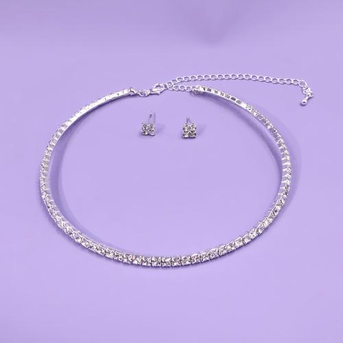 Tibetan Style Jewelry Sets, Stud Earring & necklace, 2 pieces & for woman & with rhinestone, silver color, Sold By Set