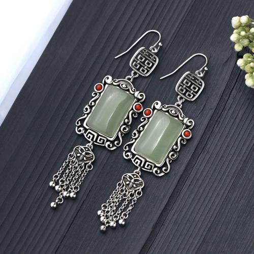 Brass Drop Earring, with Jade, vintage & for woman, silver color, 94mm, Sold By Pair