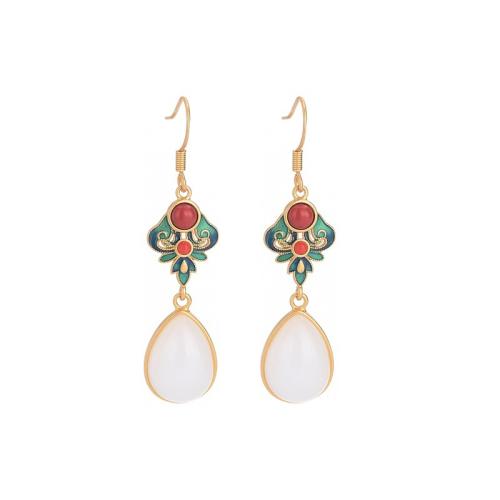 Brass Drop Earring, with Jade, plated, vintage & for woman, golden, 50mm, Sold By Pair