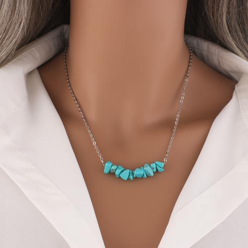 Collier en laiton, avec turquoise, Placage de couleur argentée, pour femme, protéger l'environnement, sans nickel, plomb et cadmium, Longueur:41.5 cm, Vendu par PC