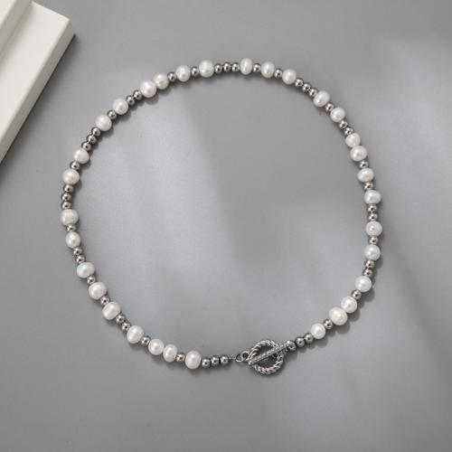 Stainless Steel Jewelry Necklace, 304 Stainless Steel, with Freshwater Pearl, silver color plated, for woman, Length:40 cm, Sold By PC