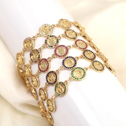 Bracelet cubique en laiton zircon pavent, Rond, Placage de couleur d'or, pavé de micro zircon & pour femme, plus de couleurs à choisir, protéger l'environnement, sans nickel, plomb et cadmium, Longueur:19 cm, Vendu par PC