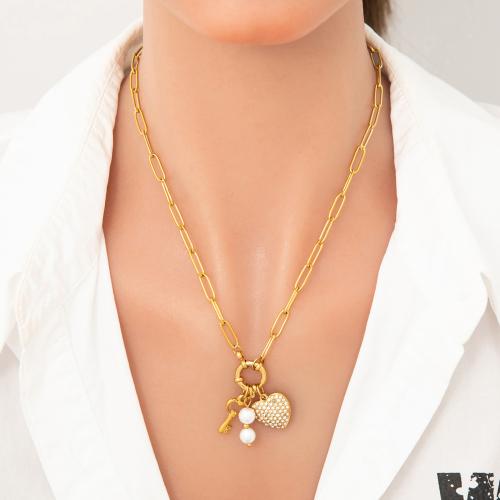 Stainless Steel Jewelry Necklace, 304 Stainless Steel, with ABS Plastic Pearl, gold color plated, fashion jewelry & with rhinestone, golden, Sold By PC