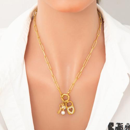 Stainless Steel Jewelry Necklace, 304 Stainless Steel, with ABS Plastic Pearl, gold color plated, fashion jewelry & with rhinestone, golden, Sold By PC