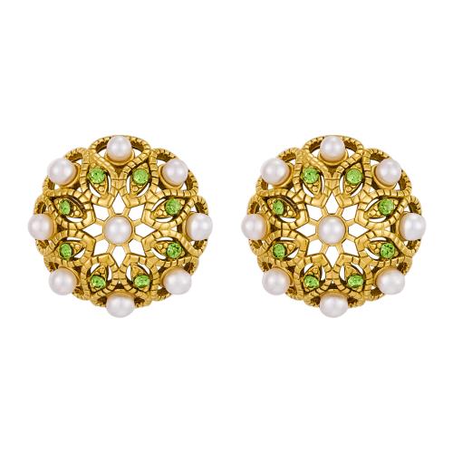 Pendientes de Acero Inoxidable, acero inoxidable 304, con Perlas plásticas, 18K chapado en oro, para mujer & con diamantes de imitación & hueco, Vendido por Par