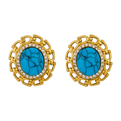 Stainless Steel Stud Earrings, 304 Stainless Steel, with turquoise, 18K gold plated, for woman & with rhinestone & hollow, Sold By Pair