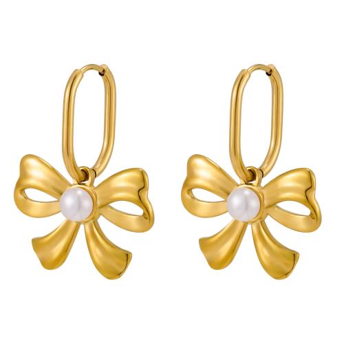 Acier inoxydable Levier Retour Earring, Acier inoxydable 304, avec perle de plastique, Noeud papillon, Plaqué or 18K, bijoux de mode & pour femme, Vendu par paire