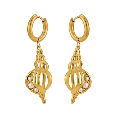 Acier inoxydable Levier Retour Earring, Acier inoxydable 304, avec perle de plastique, conque, Plaqué or 18K, bijoux de mode & pour femme & creux, Vendu par PC