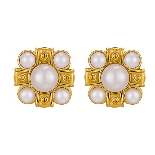 Stainless Steel Stud Earrings, 304 Stainless Steel, with Plastic Pearl, 18K gold plated, fashion jewelry & for woman, Sold By Pair