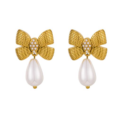 Stainless Steel Stud Earrings, 304 Stainless Steel, with Plastic Pearl, Bowknot, 18K gold plated, fashion jewelry & for woman, Sold By Pair