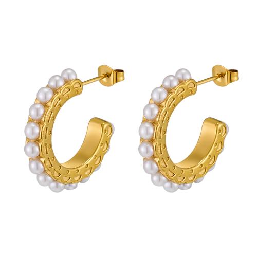 Stainless Steel Stud Earrings, 304 Stainless Steel, with Plastic Pearl, 18K gold plated, fashion jewelry & for woman, Sold By Pair