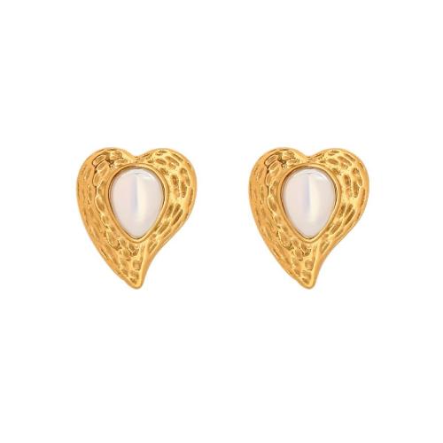 Stainless Steel Stud Earrings, 304 Stainless Steel, with Plastic Pearl, Heart, plated, fashion jewelry & for woman, golden, Sold By Pair