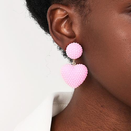 Tibetan Style Stud Earring, with Plastic, Heart, plated, for woman, pink, Sold By Pair