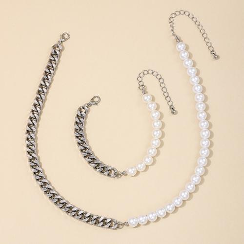 Tibetan Style Jewelry Sets, bracelet & necklace, with Plastic Pearl, plated, for woman, silver color, Sold By Set