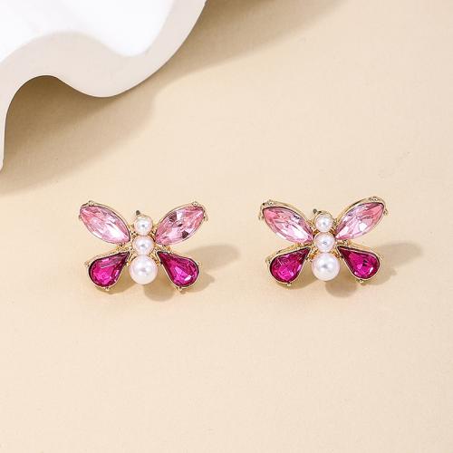 Tibetan Style Stud Earring, with Plastic Pearl, Butterfly, plated, micro pave cubic zirconia & for woman, pink, Sold By Pair