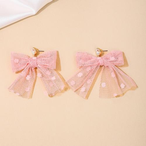 Tibetan Style Stud Earring, with Gauze, Bowknot, plated, micro pave cubic zirconia & for woman, pink, Sold By Pair