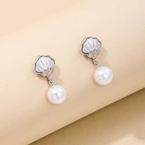 Tibetan Style Stud Earring, with Plastic Pearl, plated, for woman, silver color, Sold By Pair