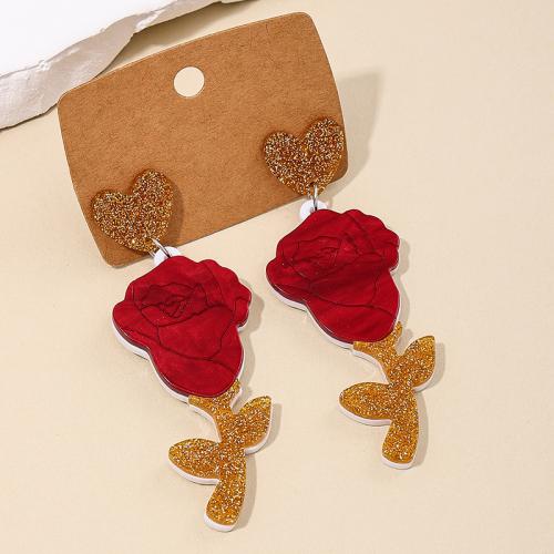 Tibetan Style Stud Earring, with Acrylic, Rose, plated, for woman, red, Sold By Pair