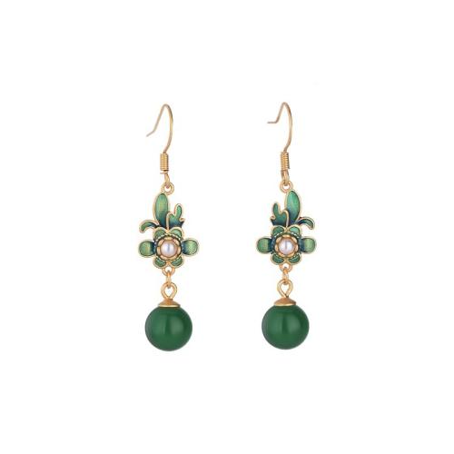 Brass Drop Earring, with Jade & Plastic Pearl, plated, for woman & enamel, golden, 42mm, Sold By Pair