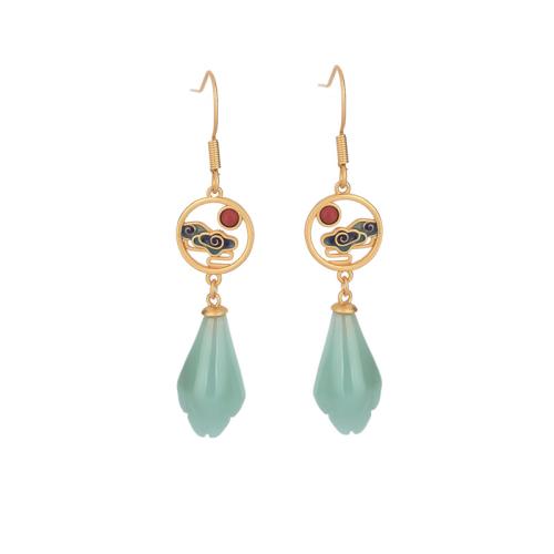 Brass Drop Earring, with Jade, for woman & enamel, golden, 52mm, Sold By Pair