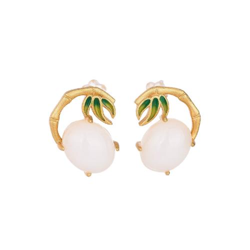 Brass Stud Earring, with Jade, vintage & for woman & enamel, golden, 16x12mm, Sold By Pair