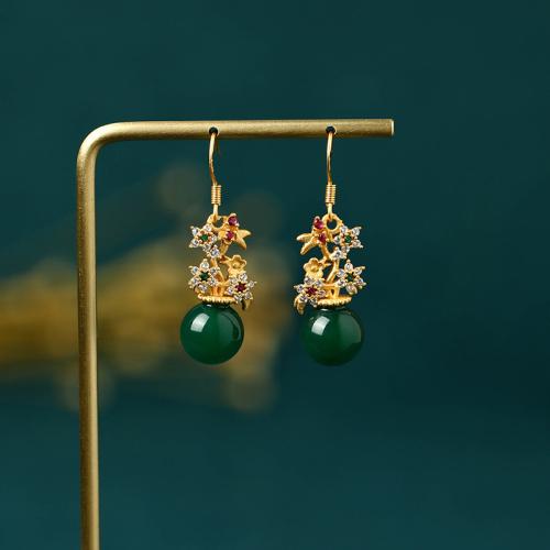 Brass Drop Earring, with Jade, vintage & micro pave cubic zirconia & for woman, golden, 36mm, Sold By Pair