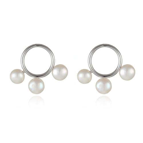 Brass Stud Earring, with Freshwater Pearl, plated, fashion jewelry & for woman, more colors for choice, 23x26mm, Sold By Pair