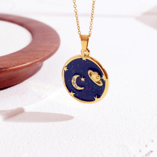 Titanium Steel Necklace, Round, gold color plated, micro pave cubic zirconia & for woman & enamel, blue, Length:40 cm, Sold By PC