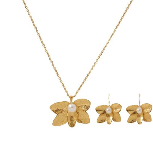 Conjuntos de joyería de acero inoxidable, acero inoxidable 304, con Perlas plásticas, Flor, chapado, diferentes estilos para la opción & para mujer, dorado, Vendido por Set