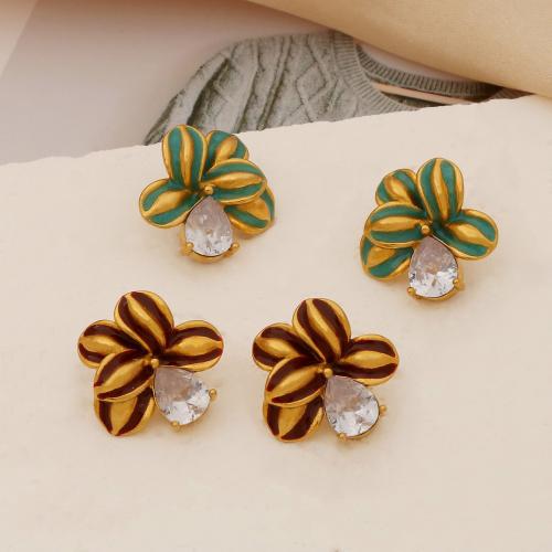 Stainless Steel Stud Earrings, 304 Stainless Steel, Flower, gold color plated, for woman & enamel & with rhinestone, more colors for choice, Sold By Pair