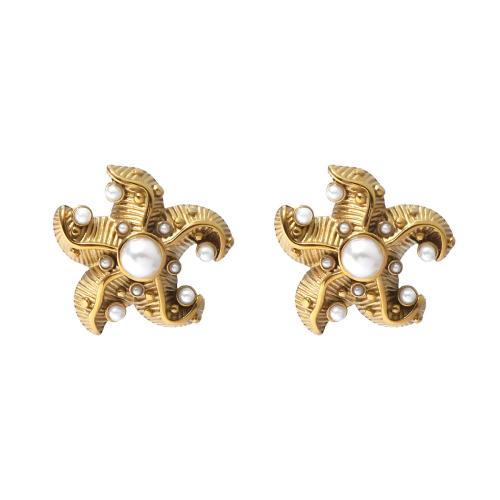 Stainless Steel Stud Earrings, 304 Stainless Steel, with Plastic Pearl, Starfish, plated, fashion jewelry & for woman, golden, Sold By Pair