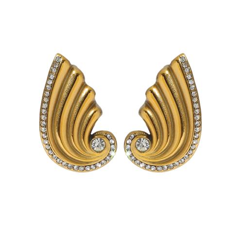 Boucle d'oreille de gaujon en acier inoxydable, Acier inoxydable 304, forme d'aile, Plaqué or 18K, bijoux de mode & pour femme & avec strass, Vendu par paire