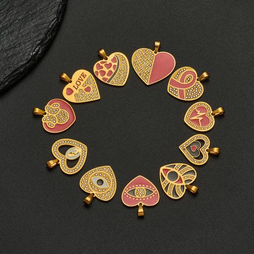 Stainless Steel Heart Pendants, 304 Stainless Steel, 18K gold plated, DIY & different styles for choice & enamel & with rhinestone, Sold By PC