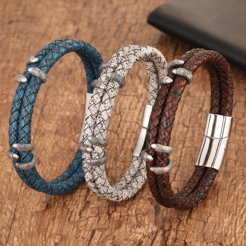 Pulsera de cuero, Cuero de vaca, con acero inoxidable 304, chapado, Doble capa & longitud diferente para la opción & para hombre, más colores para la opción, Vendido por UD