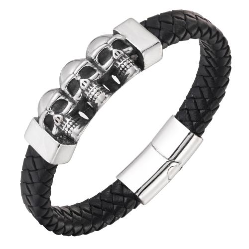 Bracelet de cuir de vachette, cuir de peau de vache, avec Acier inoxydable 304, poli, bijoux de mode & longueur différente pour le choix & pour homme, noire, Vendu par PC