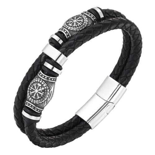 Bracelet de cuir de vachette, cuir de peau de vache, avec Acier inoxydable 304, poli, Double couche & longueur différente pour le choix & pour homme, noire, Vendu par PC