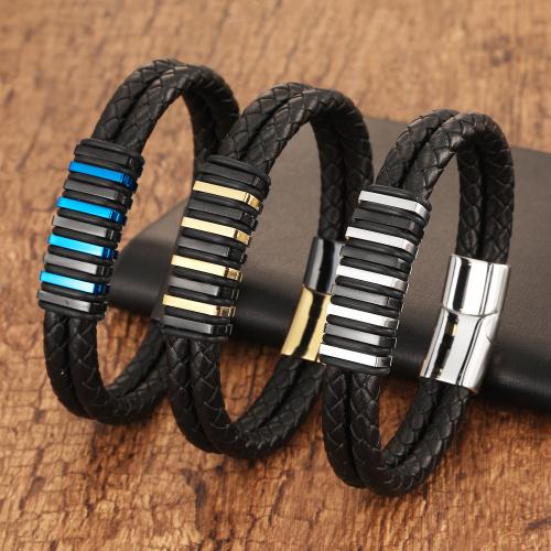 Pulsera de cuero, Cuero de vaca, con acero inoxidable 304, chapado, Joyería & longitud diferente para la opción & para hombre, más colores para la opción, Vendido por UD