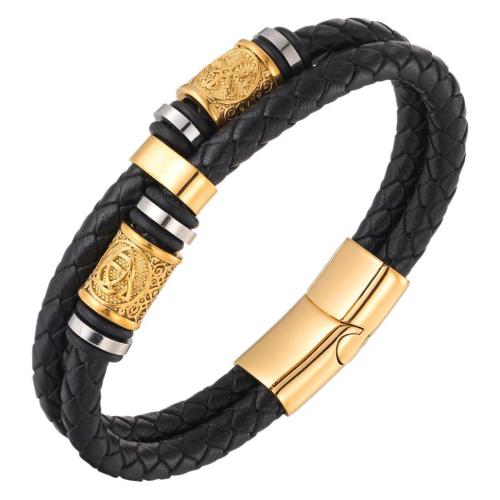 Pulsera de cuero, Cuero de vaca, con acero inoxidable 304, chapado, Doble capa & longitud diferente para la opción & para hombre, dorado, Vendido por UD