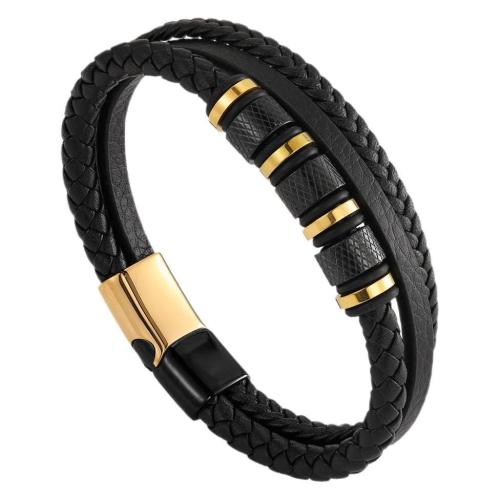 Bracelet de cuir de vachette, cuir de peau de vache, avec Acier inoxydable 304, Placage, trois couches & longueur différente pour le choix & unisexe, noire, Vendu par PC